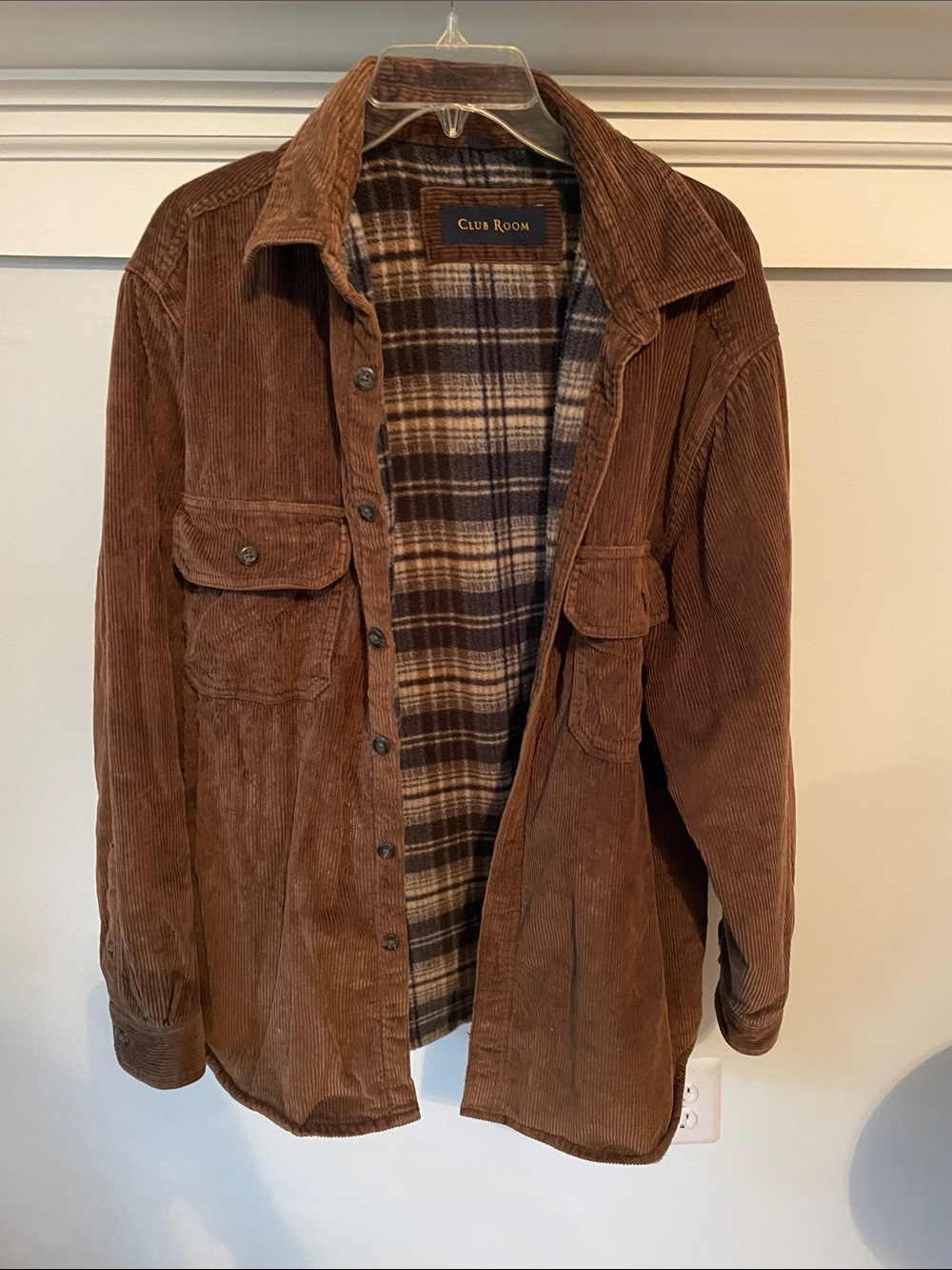 Club Room Brown Corduroy Button-Front Shirt Jacket with Plaid Lining